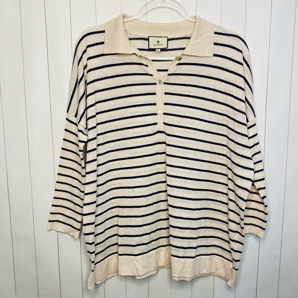 Tuckernuck Clayton Striped Oatmeal & Navy Linen Shirt M/L Coastal Preppy Chic - Picture 2 of 6